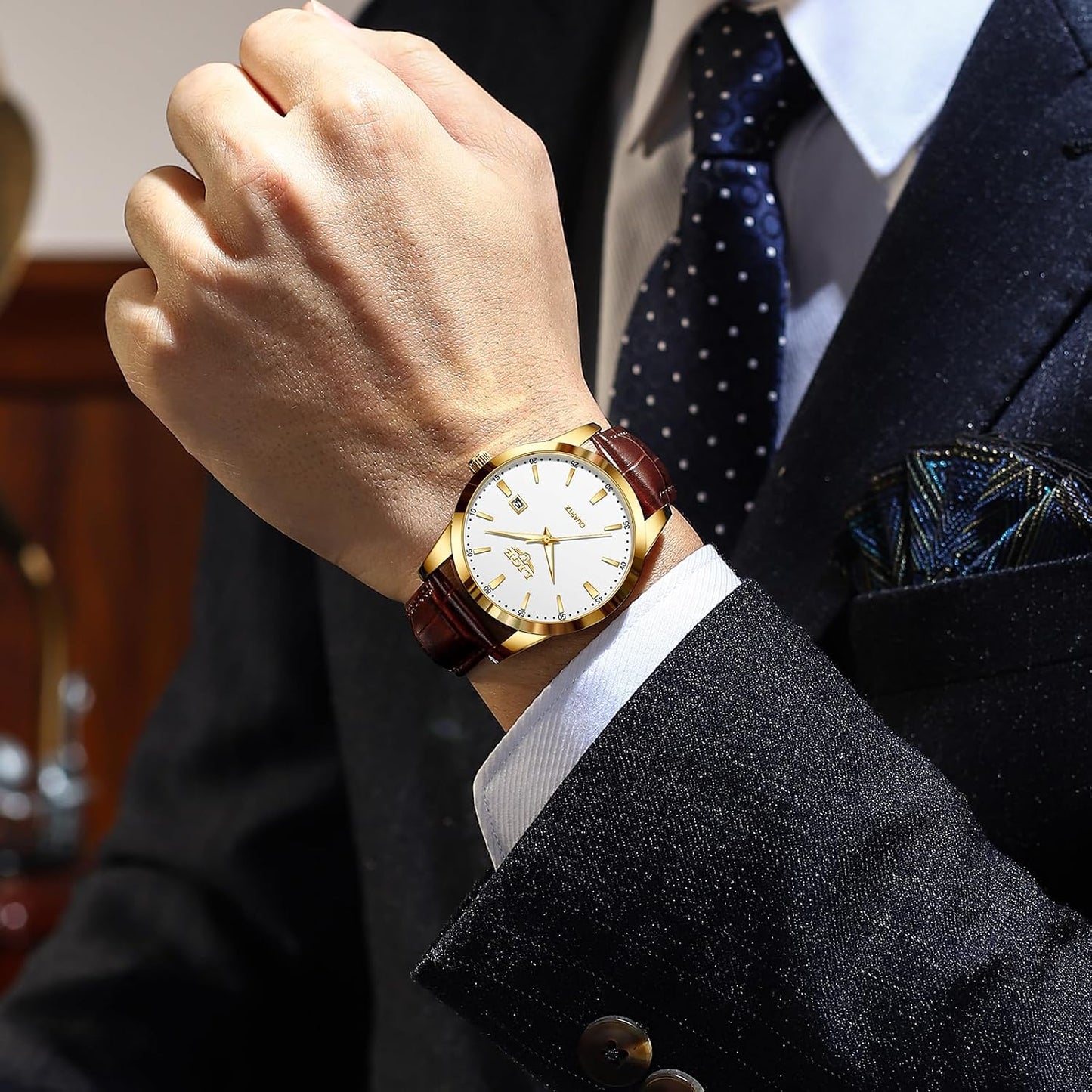 HOTLIGE Watches for Men Waterproof Analog Dress Vintage Chronograph Analog Casual Leather Stainless Steel Unique Quartz Movement Retro Luminous Elegant Men's Wrist Watch Date Display