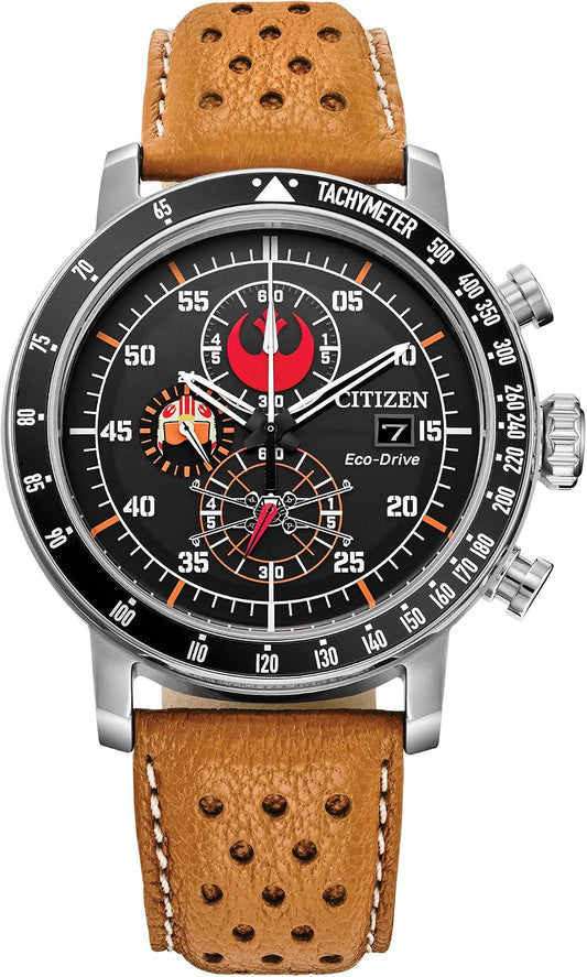 HOTCitizen Eco-Drive Star Wars Men's Watch, Stainless Steel with Orange Leather Strap, Rebel Pilot, Silver-Tone, 44mm (Model: CA4478-56L)