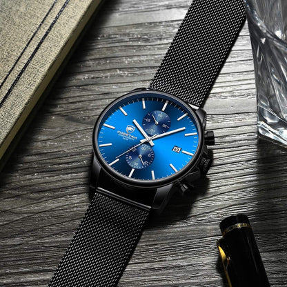 HOTGOLDEN HOUR Mens Watch Fashion Sleek Minimalist Quartz Analog Mesh Stainless Steel Waterproof Chronograph Watches for Men with Auto Date