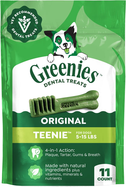 HOTGreenies Teenie Original Natural Dental Dog Treats, Chicken, 43 Count | Clinically-proven, veterinarian-recommended, 47% less tartar & 40% less plaque in 28 days, for dogs 5-15 lbs, 12 oz. Pack