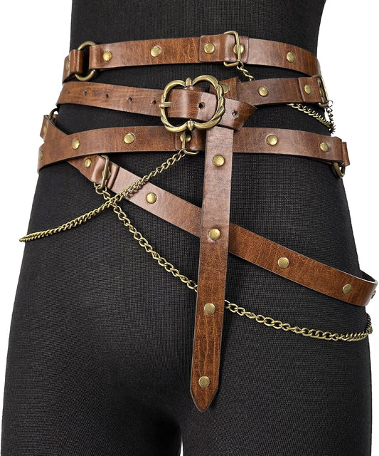 HOTHiiFeuer Medieval DIY Faux Leather Metal Chain Belt, Vintage Adjustable Thin Belt For Women, Retro Skinny Belt For Dresses