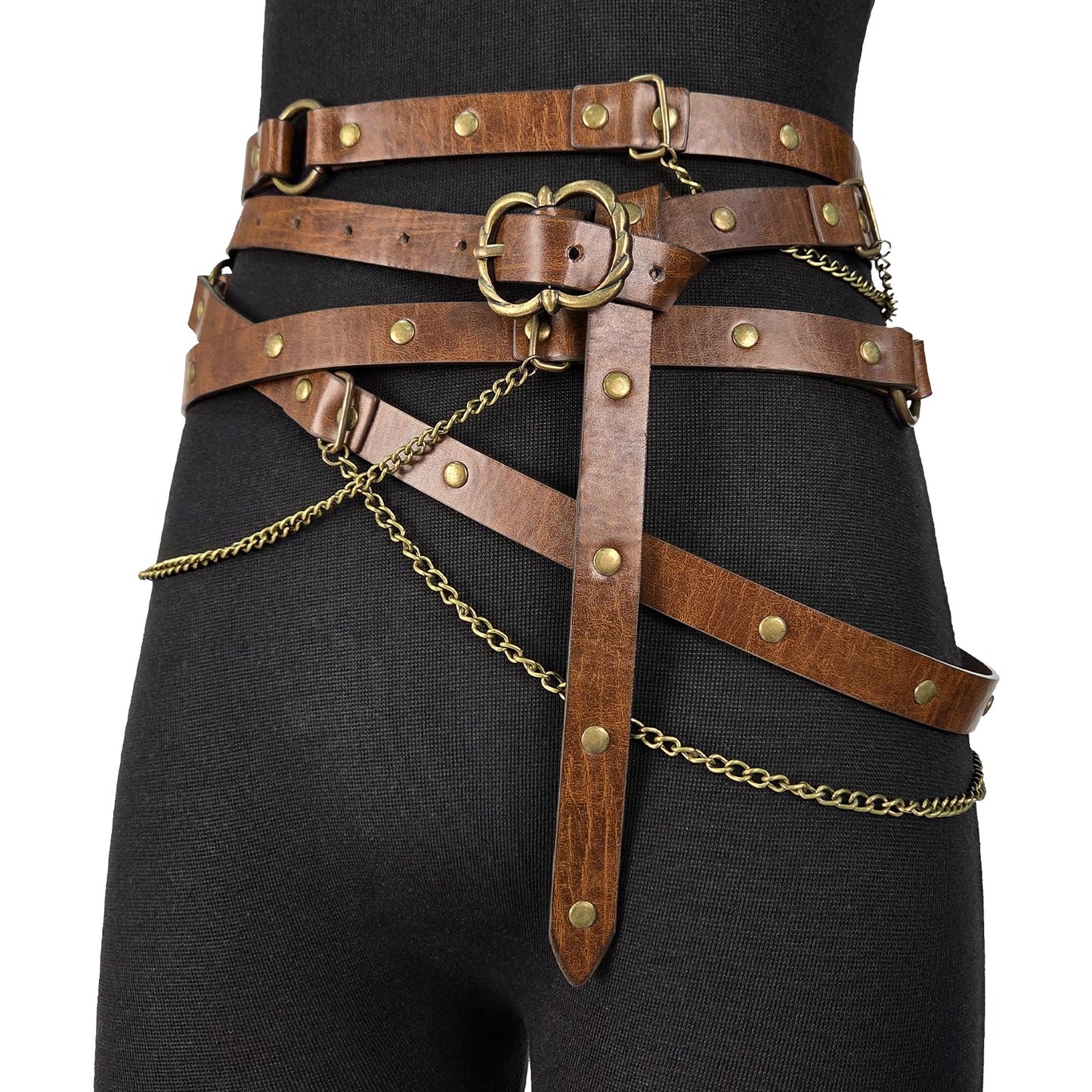 HOTHiiFeuer Medieval DIY Faux Leather Metal Chain Belt, Vintage Adjustable Thin Belt For Women, Retro Skinny Belt For Dresses