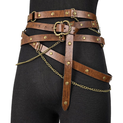 HOTHiiFeuer Medieval DIY Faux Leather Metal Chain Belt, Vintage Adjustable Thin Belt For Women, Retro Skinny Belt For Dresses