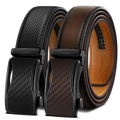 HOTKEMISANT Men's Ratchet Leather Belt 2Pack-Trimmable 1 3/8“-Gift Boxed | Smooth Sliding | Micro Adjustable Fit | Tailored Size | Holeless Understated Elegance