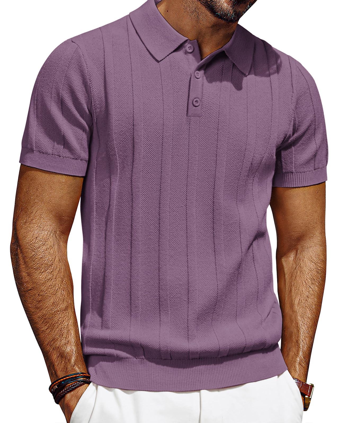 HOTPJ PAUL JONES Mens Polo Shirts Short Sleeve Textured Knit Polo Shirt Ribbed Casual Golf Shirts