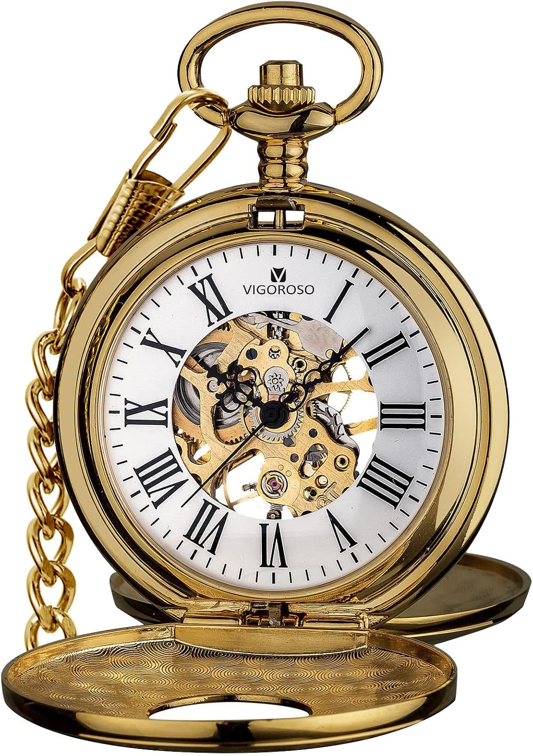 HOTVIGOROSO Mechanical Pocket Watches for Men Skeleton Pocket Watch with Chain | Vintage gold men's pocket watch,Hand wind up mechanical,Roman No. analog pocketwatch,Reloj de bolsillo para hombre,Gift ideal