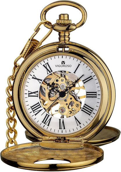 HOTVIGOROSO Mechanical Pocket Watches for Men Skeleton Pocket Watch with Chain | Vintage gold men's pocket watch,Hand wind up mechanical,Roman No. analog pocketwatch,Reloj de bolsillo para hombre,Gift ideal
