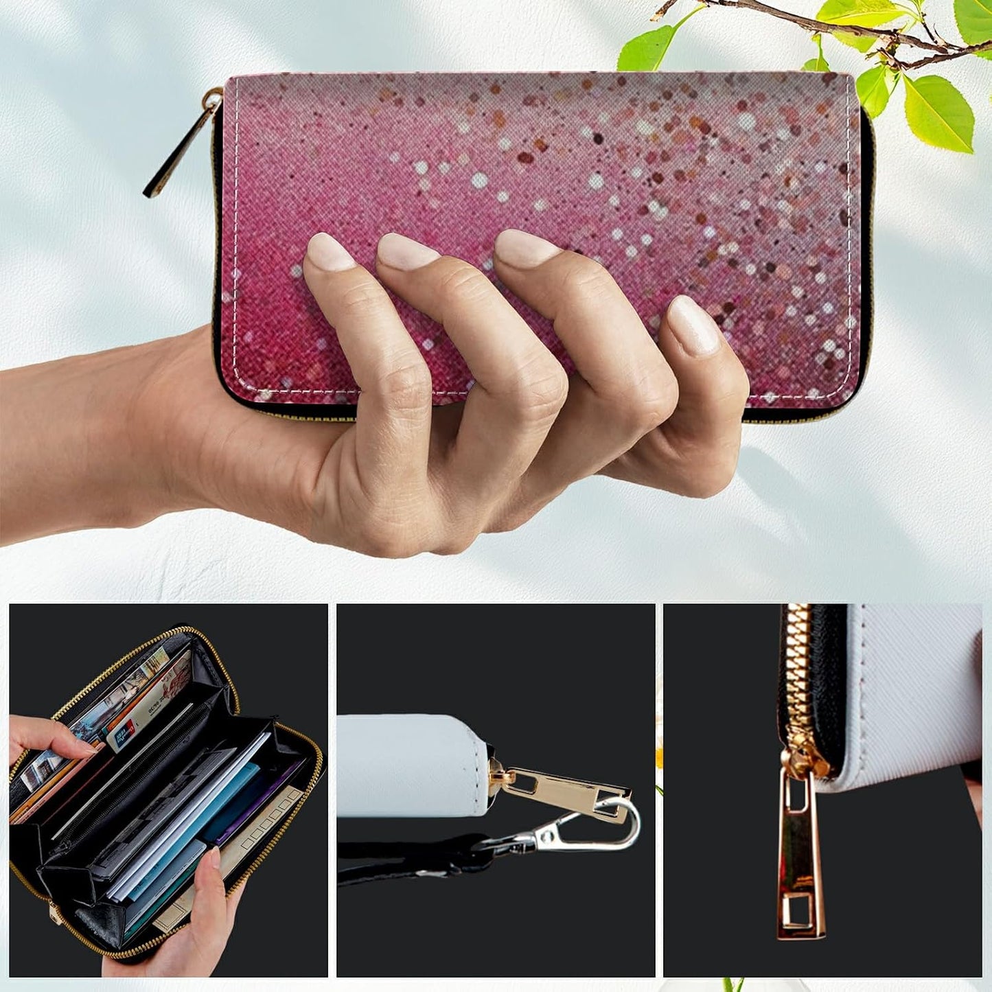 HOTWomen's RFID Blocking Wallet PU Leather Slim Bifold Wristlet Clutch with Large Capacity,16 Card Slots & Zipper Coin Purse Pocket Ladies Travel Purse Wristlet,Pink Glitter