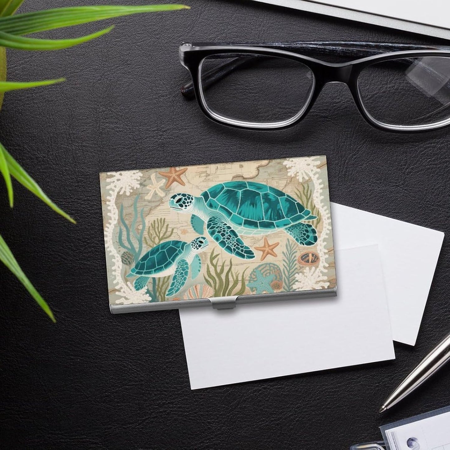 HOTBusiness Card Holder Case Slim, Aluminum Alloy, Credit Card Organizer Nautical Green Sea Turtles Beach for Men Women
