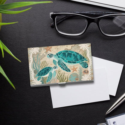 HOTBusiness Card Holder Case Slim, Aluminum Alloy, Credit Card Organizer Nautical Green Sea Turtles Beach for Men Women
