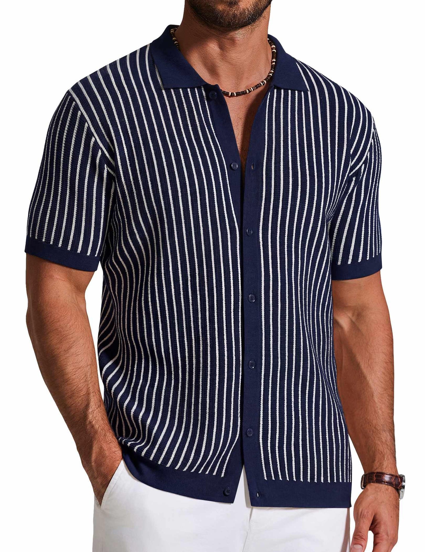 HOTCOOFANDY Mens Knit Button Down Shirts Short Sleeve Polo Shirt Vintage Striped Casual Shirts