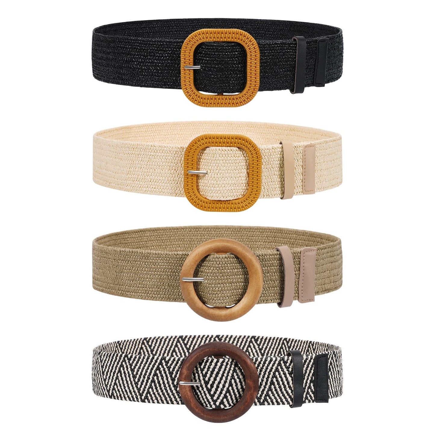 HOTVONMELLI 4 Pack Straw Woven Elastic Stretch Waist Belt for Women Fashion Dress, Boho Braided Women's Belts