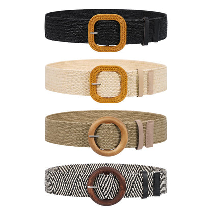 HOTVONMELLI 4 Pack Straw Woven Elastic Stretch Waist Belt for Women Fashion Dress, Boho Braided Women's Belts