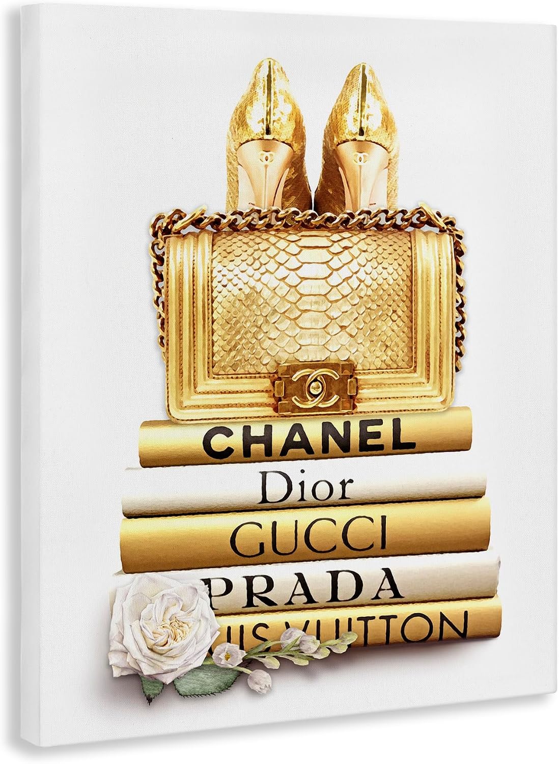 HOTStupell Industries 'Divine Golden Fashion Purse on Glam Designer Bookstack', Canvas Art, 24 x 30 Inches, Easy to Hang and Sturdy, Made in USA, by ROS Ruseva