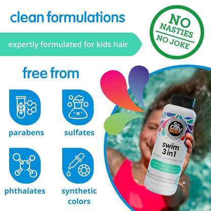 HOTSoCozy Kids Swim 3-in-1 Shampoo, Conditioner & Body Wash - 3-in-1 Combo Pool Shampoo & Conditioner for Swimmers - Salt & Chlorine Removing Activated Charcoal