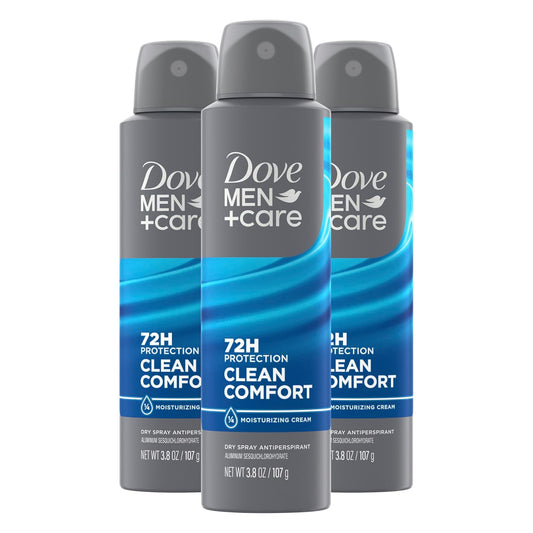 HOTDove Men+Care Antiperspirant Deodorant Dry Spray Clean Comfort For Men 72-hour Sweat and Odor Protection with Triple Defense Technology, 3.8 Ounce (Pack of 3)