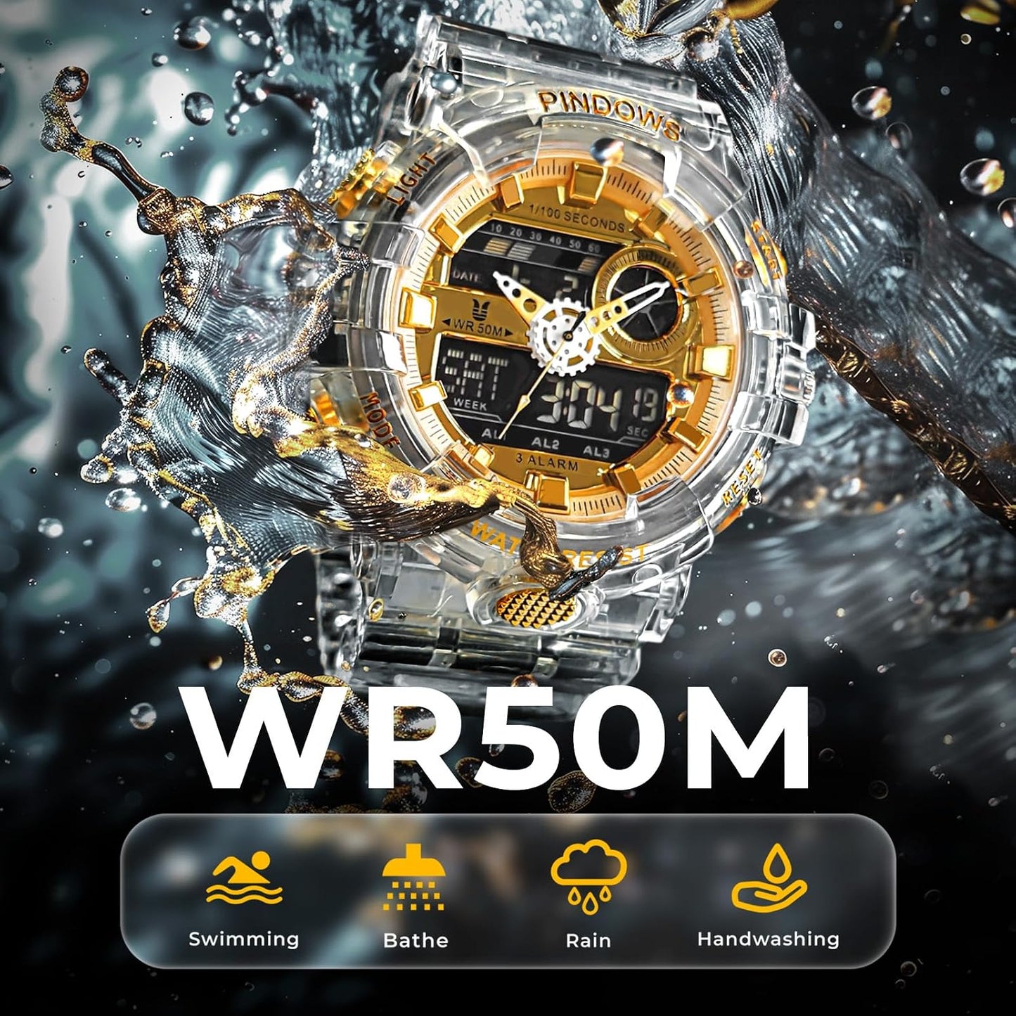 HOTPINDOWS Watches for Men, Transparent Gold Analog Digital Dual Time 50M Waterproof, LED Backlight Multifunctional with Alarms, Stopwatch, Ideal for Sports, Outdoor Activities, and Daily Wear