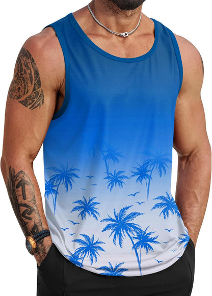 HOTVOGSTART Mens Hawaiian Beach Tank Tops Summer Vacation Muscle Top Graphic Sleeveless Shirts (S-3XL)