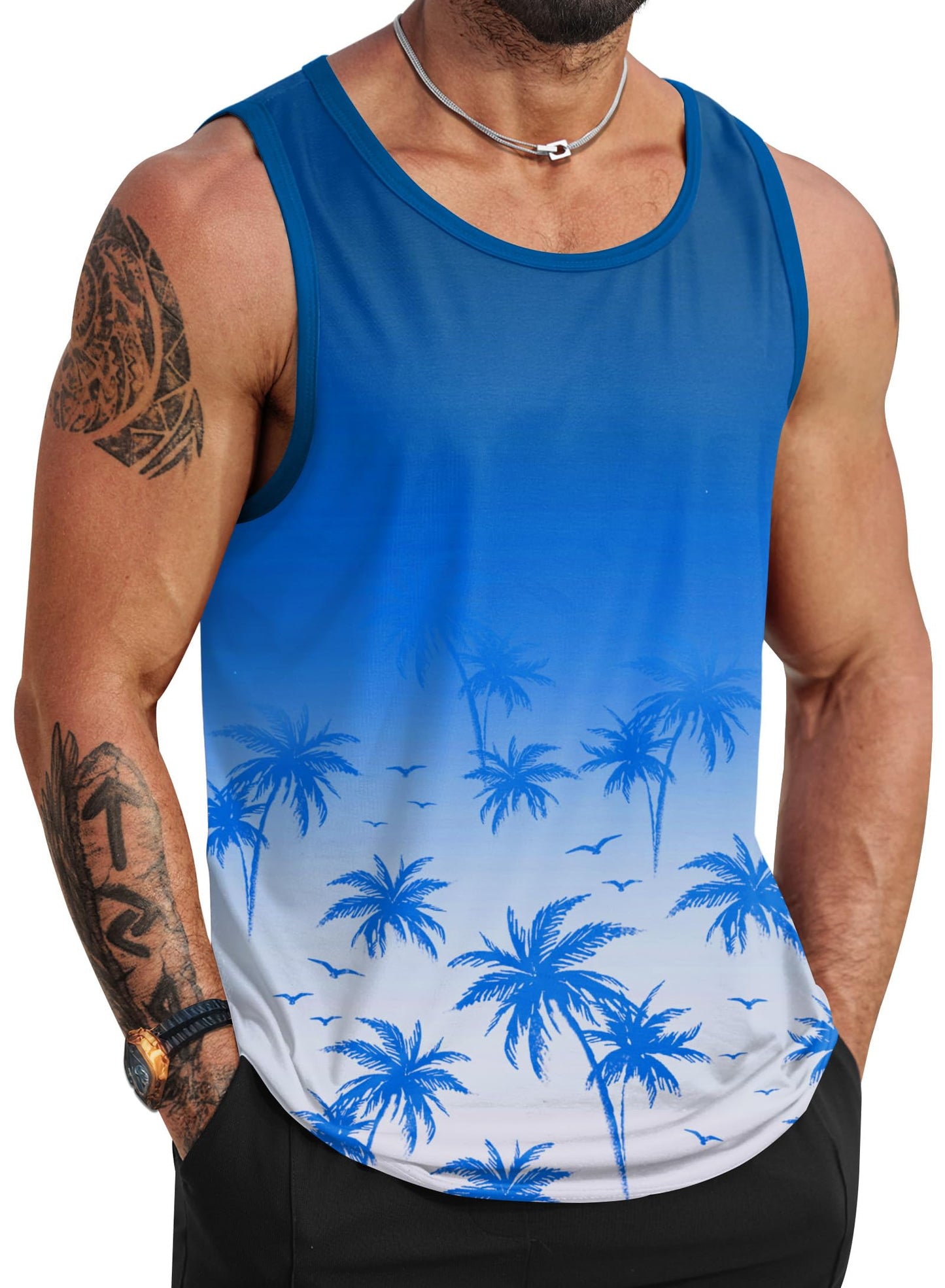 HOTVOGSTART Mens Hawaiian Beach Tank Tops Summer Vacation Muscle Top Graphic Sleeveless Shirts (S-3XL)