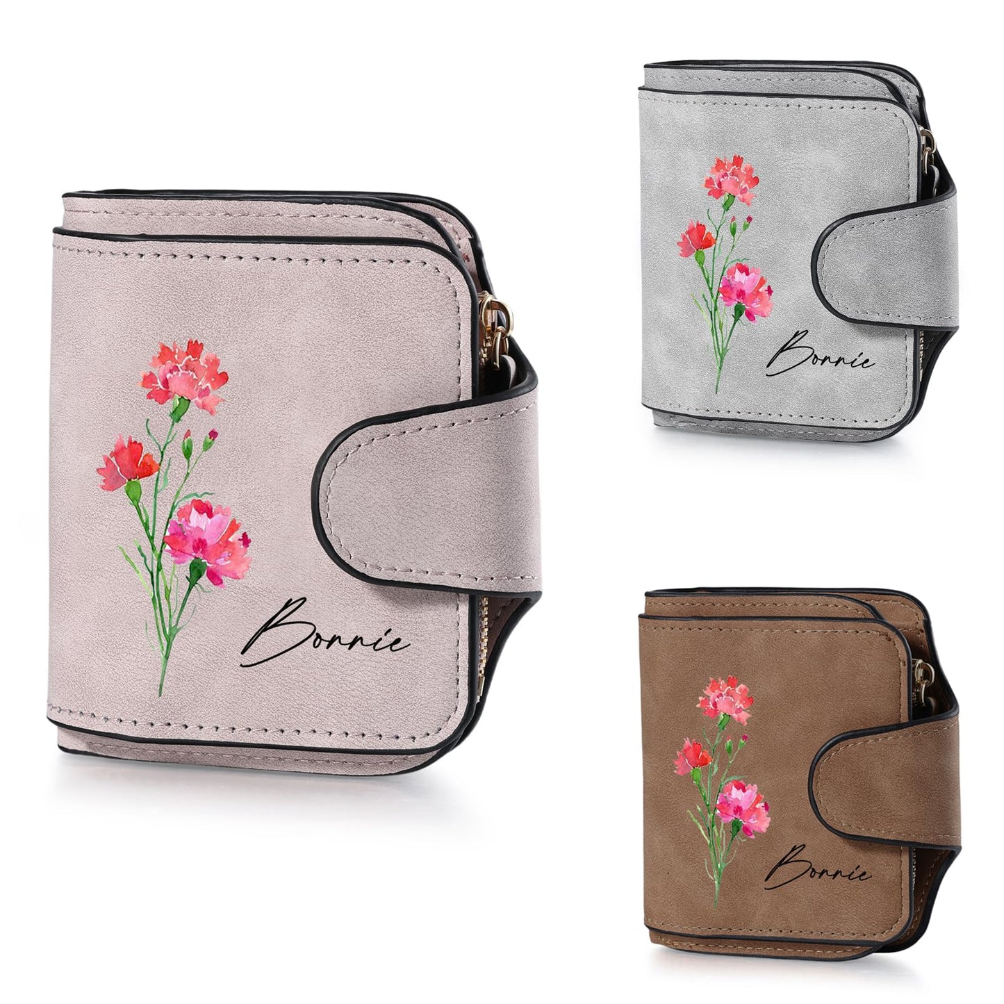 HOTPersonalized Wallet for Women, Custom Birth Flower & Name Detachable Leather Wristlet, Stylish Card Holder Purse with Zipper Large Capacity Wallet Mother's Day Gifts for Mom (Purple)