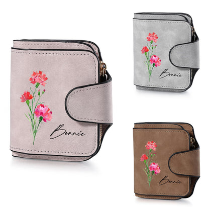 HOTPersonalized Wallet for Women, Custom Birth Flower & Name Detachable Leather Wristlet, Stylish Card Holder Purse with Zipper Large Capacity Wallet Mother's Day Gifts for Mom (Purple)