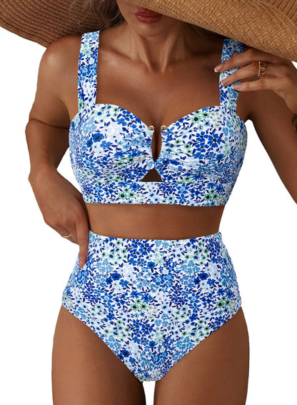 HOTHerseas Women's 2 Piece U Wire Cutout Bikini Sets Floral Print High Waisted Swimsuit 2026 Summer Beach Swim Bathing Suit