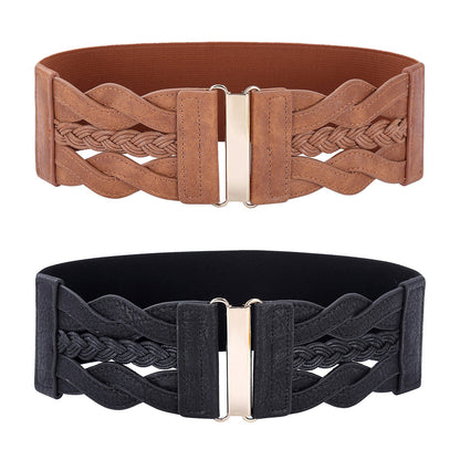 HOTGRACE KARIN Wide Belts for Women Elastic Waist Belt | 3 inch wide stretchy waistband, Woven design, Golden buckle, For dresses skirt, Vintage casual boho western style