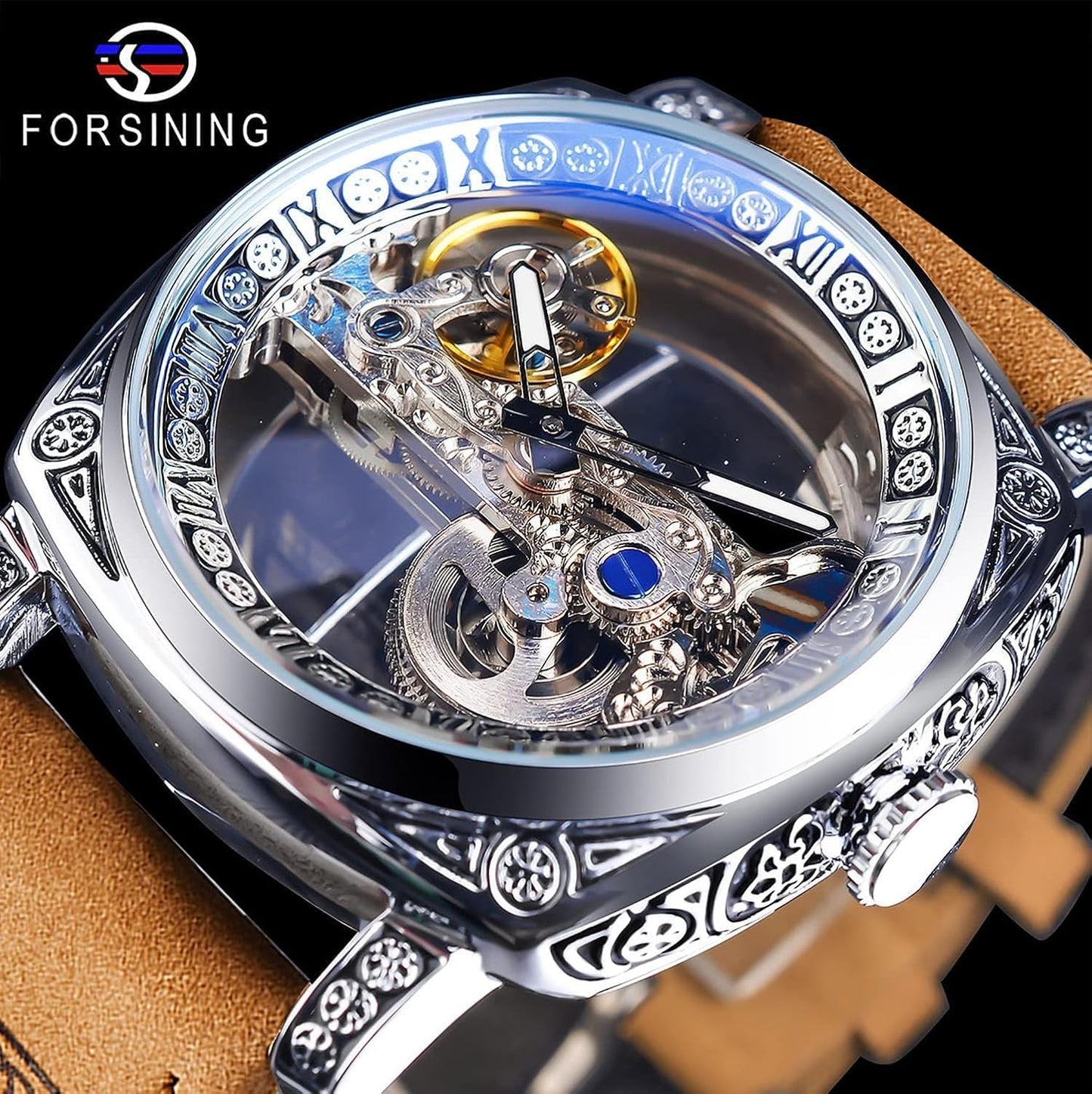 HOTFORSINING Men's Luxury Square Carving Mechanical Watch, Retro Totem Double Sided Hollow Skeleton Self-Wind Automatic Watches, Vintage Leather Strap Wristwatch Reloj para Hombre