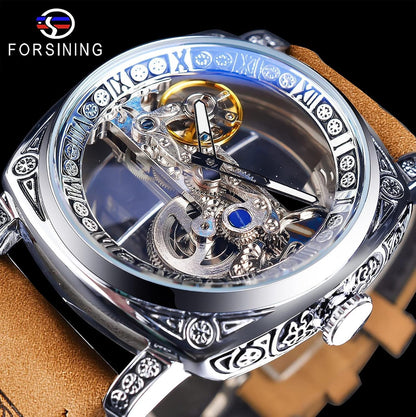 HOTFORSINING Men's Luxury Square Carving Mechanical Watch, Retro Totem Double Sided Hollow Skeleton Self-Wind Automatic Watches, Vintage Leather Strap Wristwatch Reloj para Hombre