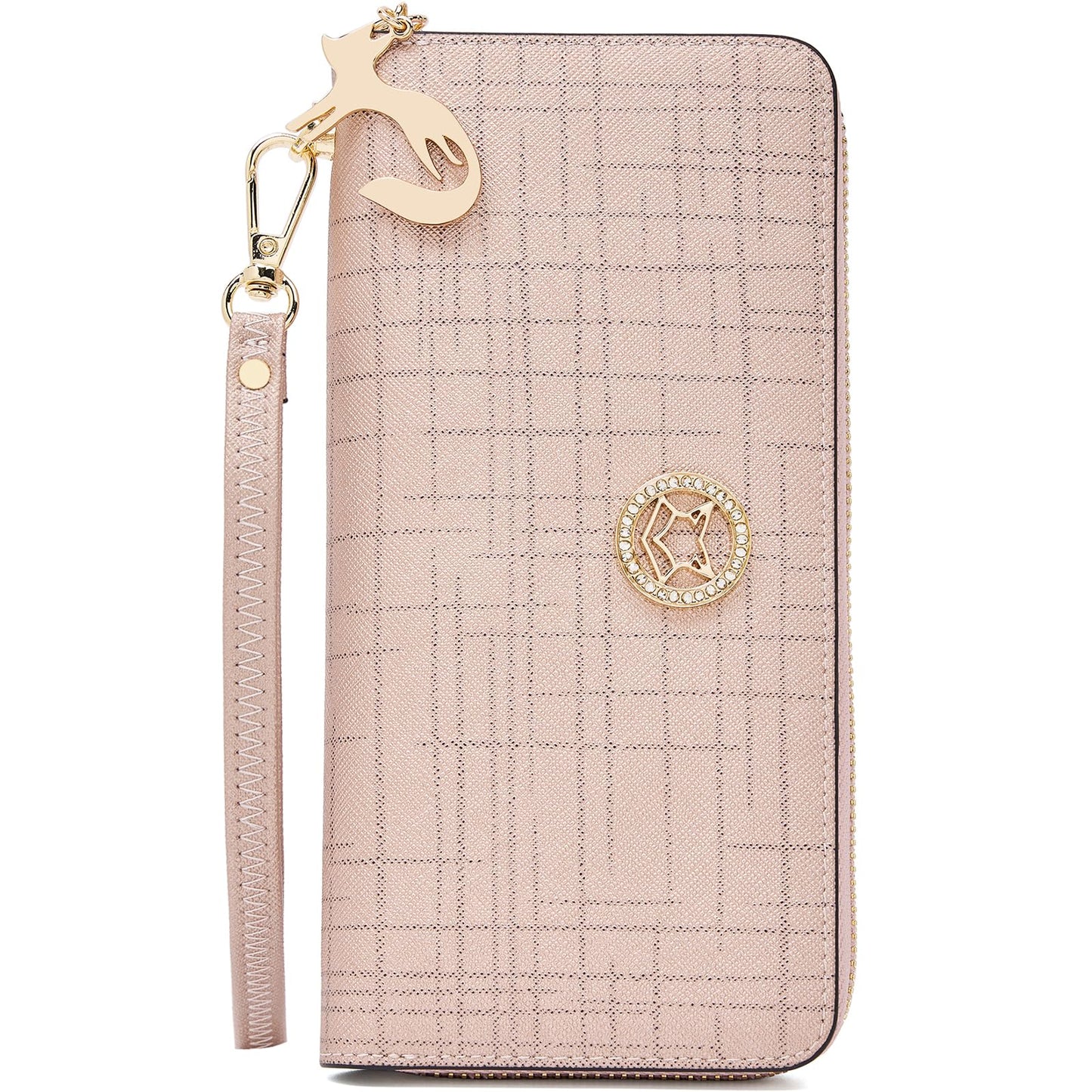 HOTFOXLOVER Wallets for Women RFID Blocking Embroidery Leather Women's Wallet Zip Wristlet Clutch(Apricot)