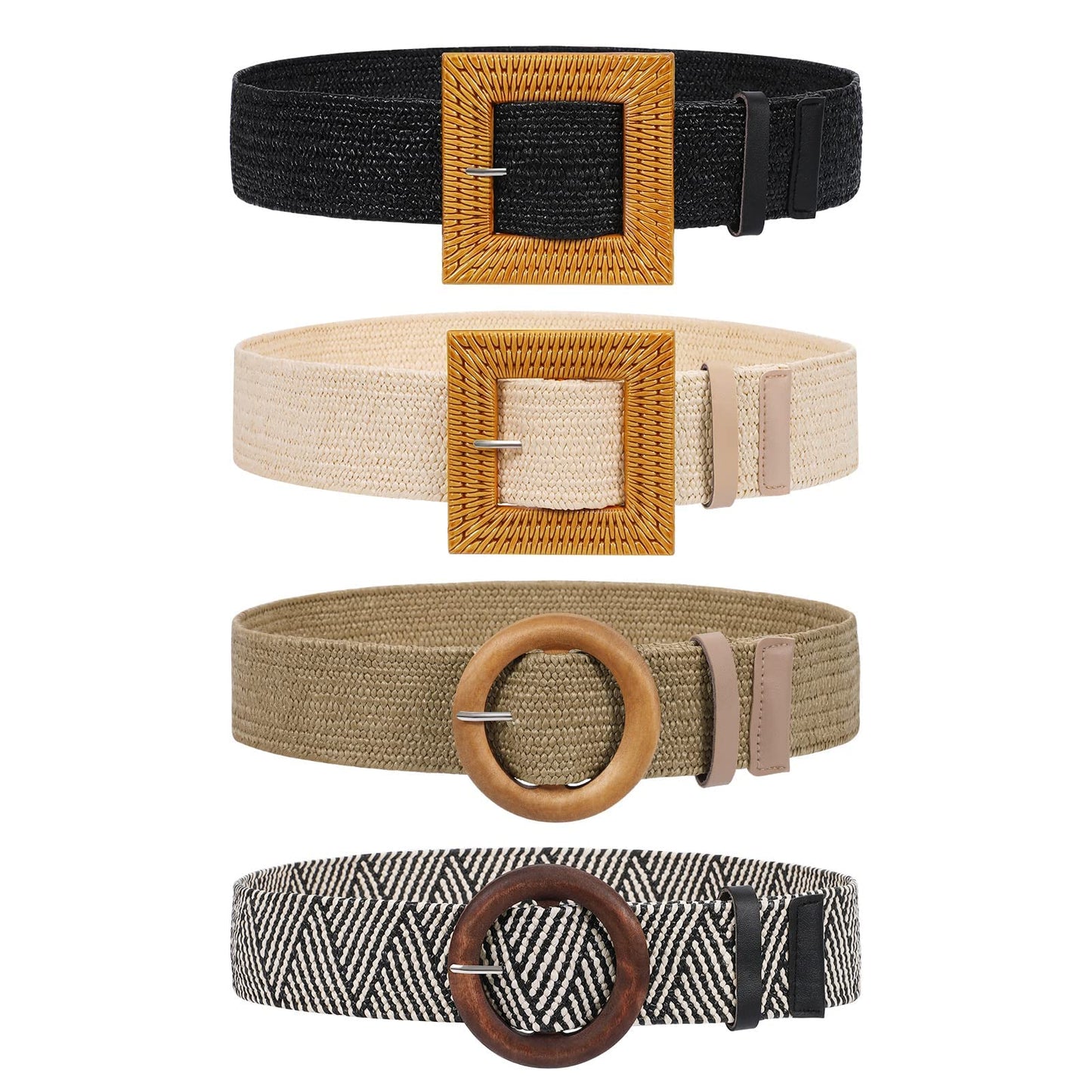 HOTVONMELLI 4 Pack Straw Woven Elastic Stretch Waist Belt for Women Fashion Dress, Boho Braided Women's Belts