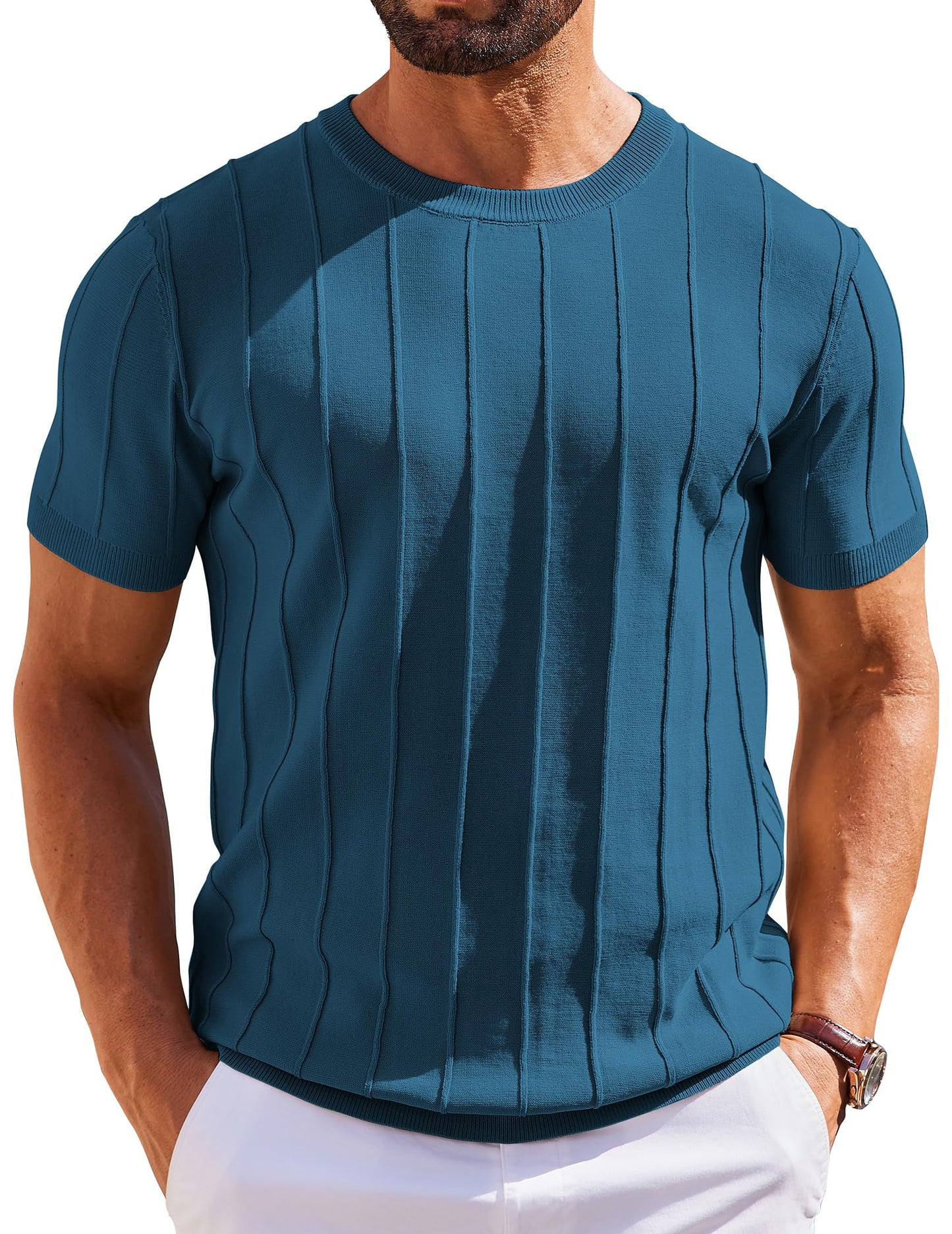 HOTCOOFANDY Men's T- Shirts Short Sleeve Knit Sweater Shirt Casual Crewneck Ribbed Pullover Tees