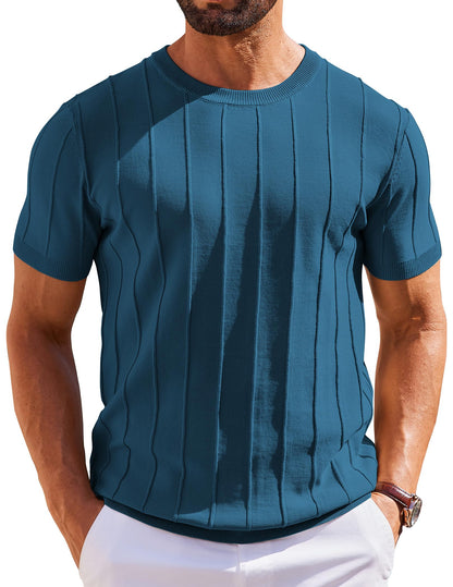 HOTCOOFANDY Men's T- Shirts Short Sleeve Knit Sweater Shirt Casual Crewneck Ribbed Pullover Tees
