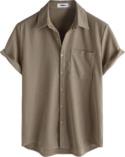 HOTVATPAVE Mens Casual Waffle Shirt Short Sleeve Button Down Summer Shirts | Beach, Untucked, Camp, Daily, Work, Family Photo, Old Money, Vacation, Collared, Wedding, Date, Cruise, Going Out, Pocket