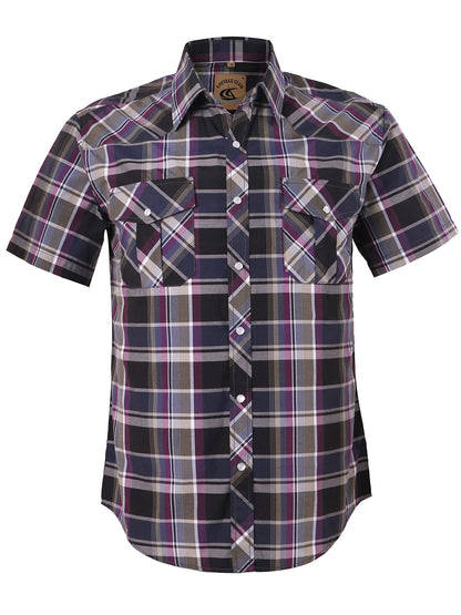 HOTCOEVALS CLUB Men's Western Cowboy Short Sleeve Pearl Snap Casual Plaid Work Shirts