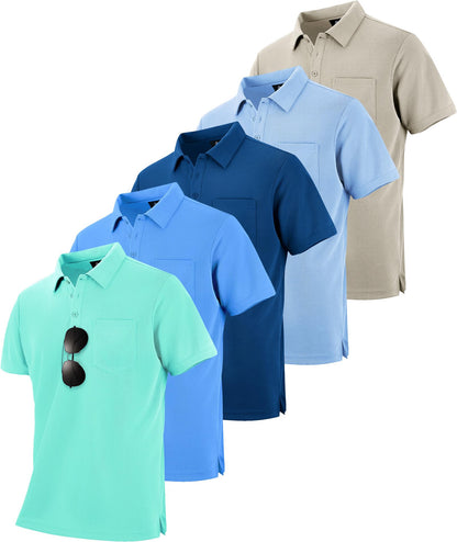 HOTZITY 5 Pack Polo Shirts for Men with Pocket Dry Quickly Short Sleeve Athletic Outdoor Work Collared Shirts