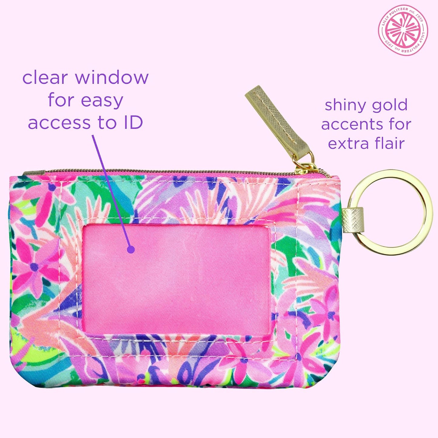 HOTLilly Pulitzer Zip Card Case ID Wallet, It Was All A Dream | Cute, Colorful, Keychain Coin Purse Wallet with Zipper Close, Key Ring, and ID Window