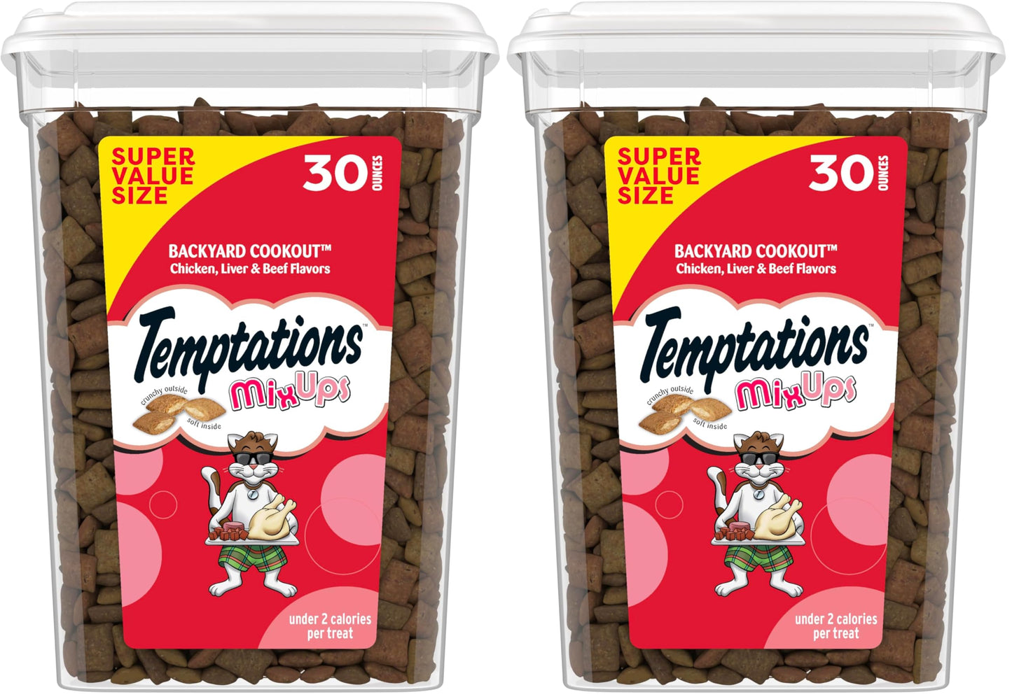 HOTTemptations MixUps Crunchy and Soft Cat Treats, Cookout Flavor, 30 oz | Chicken, liver & beef flavors, under 2 calories per treat, 100% complete & balanced for adult cats, resealable stay-fresh tub