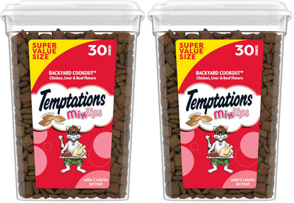 HOTTemptations MixUps Crunchy and Soft Cat Treats, Cookout Flavor, 30 oz | Chicken, liver & beef flavors, under 2 calories per treat, 100% complete & balanced for adult cats, resealable stay-fresh tub