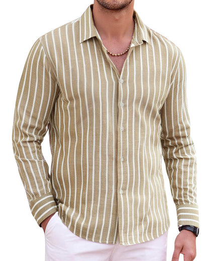 HOTAlex Vando Mens Linen Shirts Long Sleeve Button Down Striped Beach Shirt | Breathable Skin-Friendly Anti-Shrink Fabric, Classic Stripes For Casual Style, All-Day Comfort, Easy Care