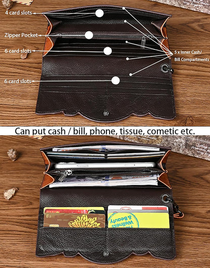 HOTWomen's Wallet Genuine Leather Snap Wallets Vintage Purse Organizer Clutch Bag with Wristlet