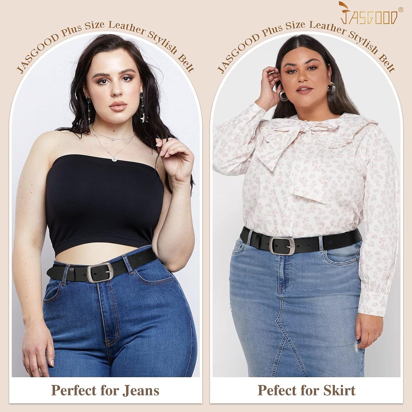 HOTJASGOOD Plus Size Women Leather Belt Black Casual Waist Belt for Jeans Pants with Metal Pin Buckle