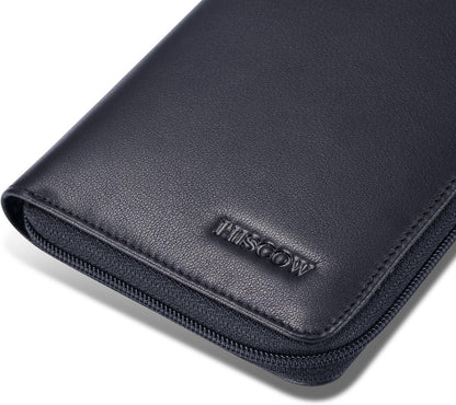 HOTHISCOW Leather Checkbook Cover, Zippered Wallet with Card Slots, Black | Full grain cowhide, 5cc & ID window, personal check book & register pockets, removable duplicate divider, women secure zipper