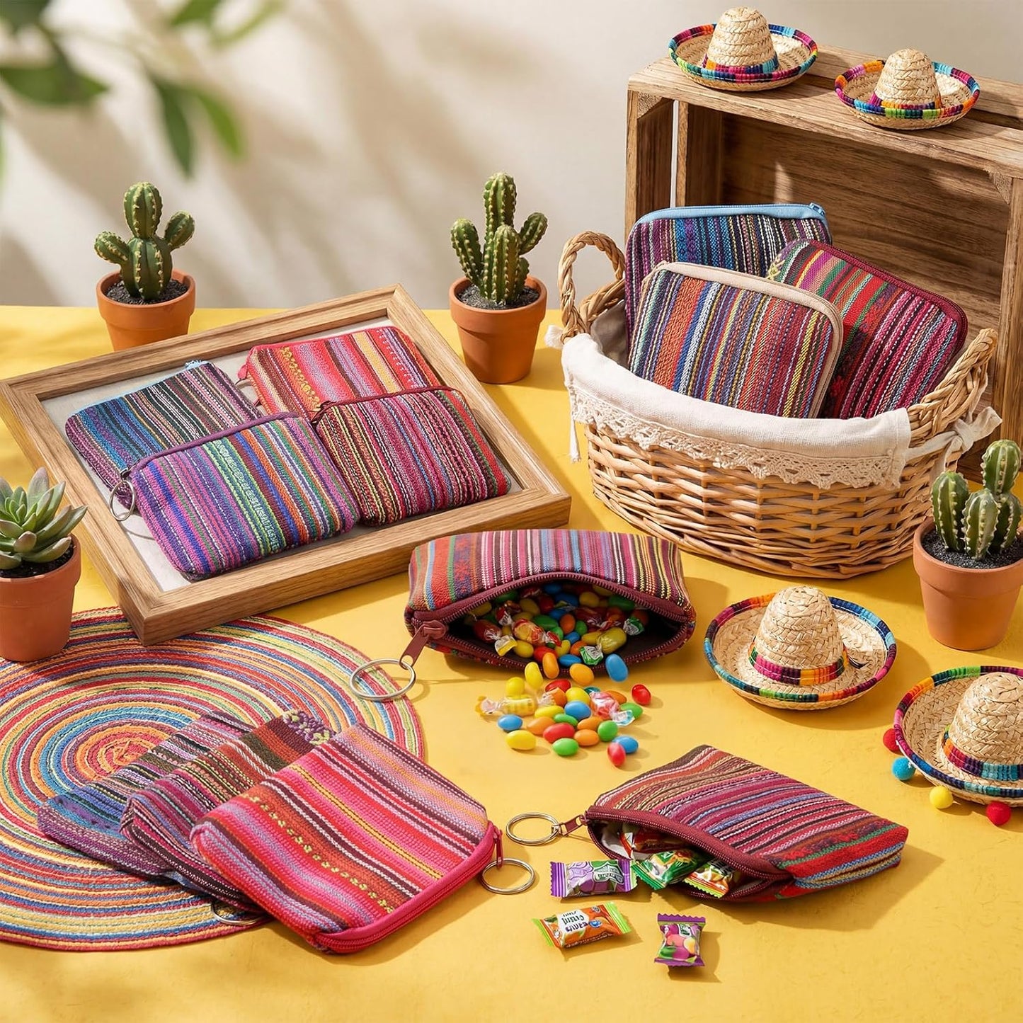 HOT24 Pack Mexican Candy Bags Fiesta Cinco De Mayo Mini Coin Purse 3.5 x 4.5 in Mexican Jewelry Zipper Pouches Reusable Cotton Wallet for Wedding Holiday Fiesta Party Favor Gift