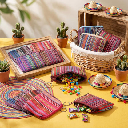 HOT24 Pack Mexican Candy Bags Fiesta Cinco De Mayo Mini Coin Purse 3.5 x 4.5 in Mexican Jewelry Zipper Pouches Reusable Cotton Wallet for Wedding Holiday Fiesta Party Favor Gift