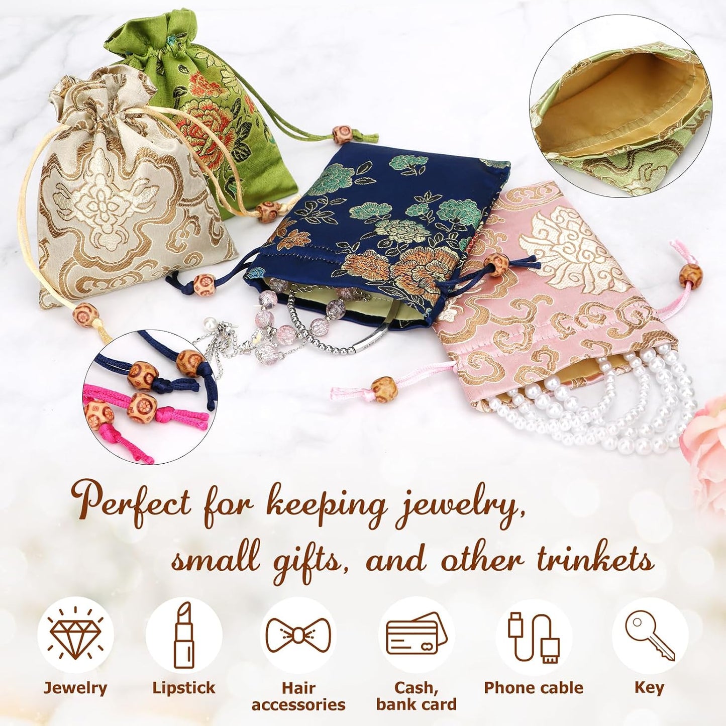 HOTkilofly 14 pc Silk Brocade Jewelry Bag Double Layer Drawstring Coin Gift Pouch