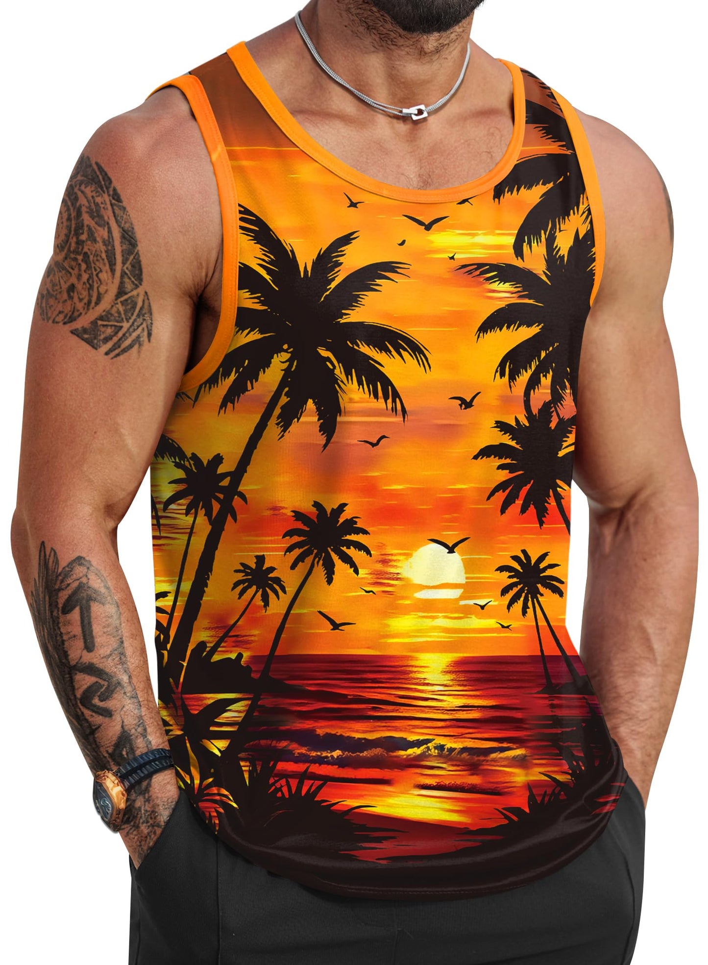 HOTVOGSTART Mens Hawaiian Beach Tank Tops Summer Vacation Muscle Top Graphic Sleeveless Shirts (S-3XL)