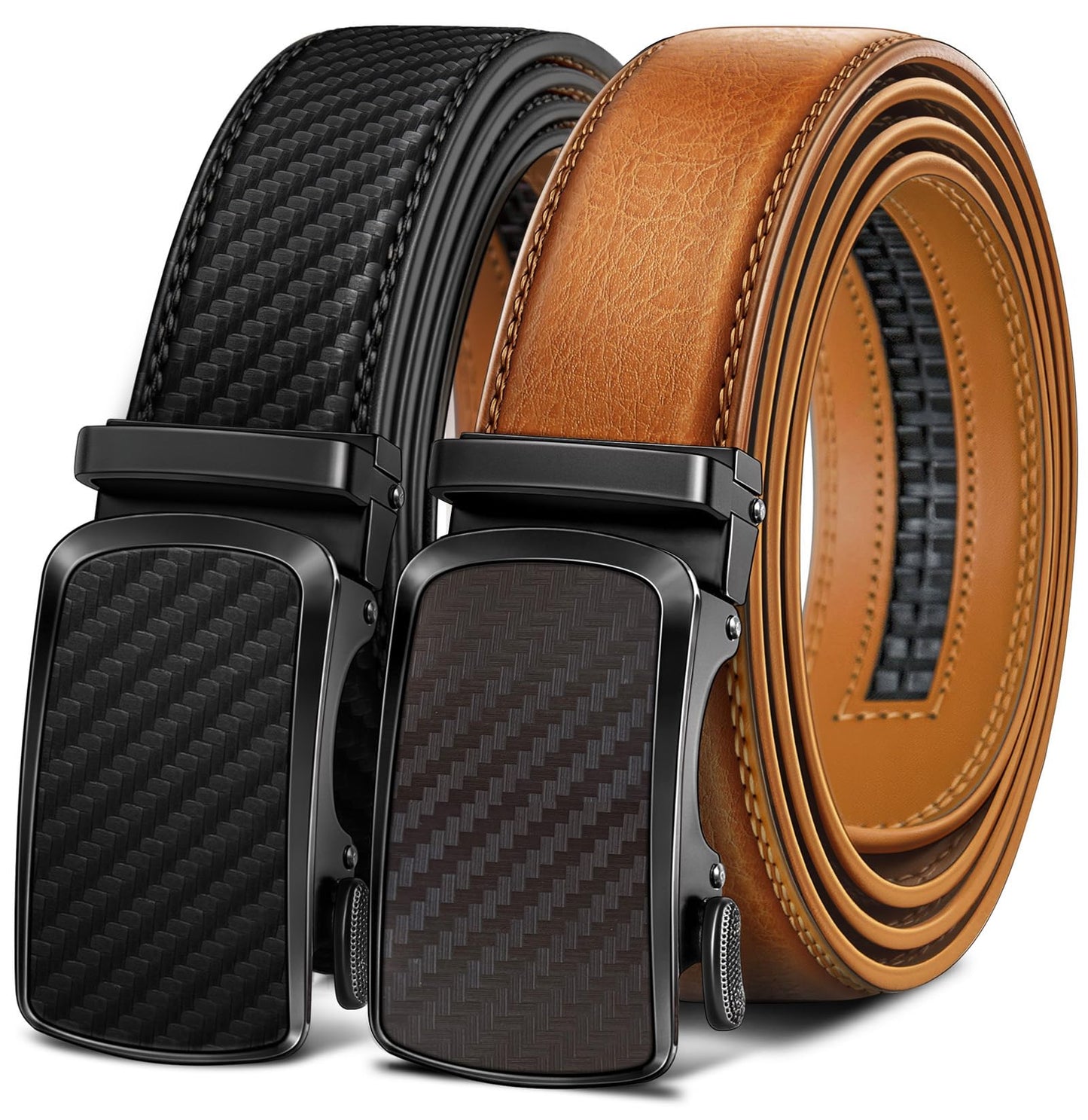 HOTBULLIANT Men's Ratchet Leather Belt Trimmable 2Pack 1 3/8"-Gift Boxed | Smooth Sliding | Precise Fit | Tailored Size | Holeless for Dress or Casual