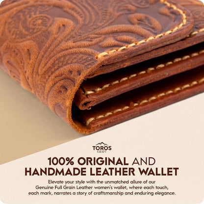 HOTToros Craft Handmade Leather Wallets for Women, Western Wristlet Wallets, Floral Leather Small Credit Card Holder with Zipper, Minimalist & Cute Coin Pouch, Genuine Leather, Camel