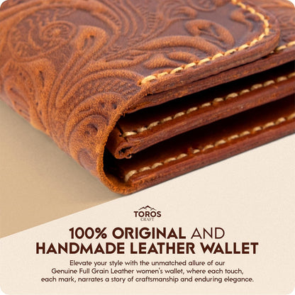 HOTHandmade Keychain Wristlet Wallets for Women, Western Floral Leather Small Credit Card Holder with Zipper, Minimalist & Cute Coin Pouch, Genuine Leather (Camel)